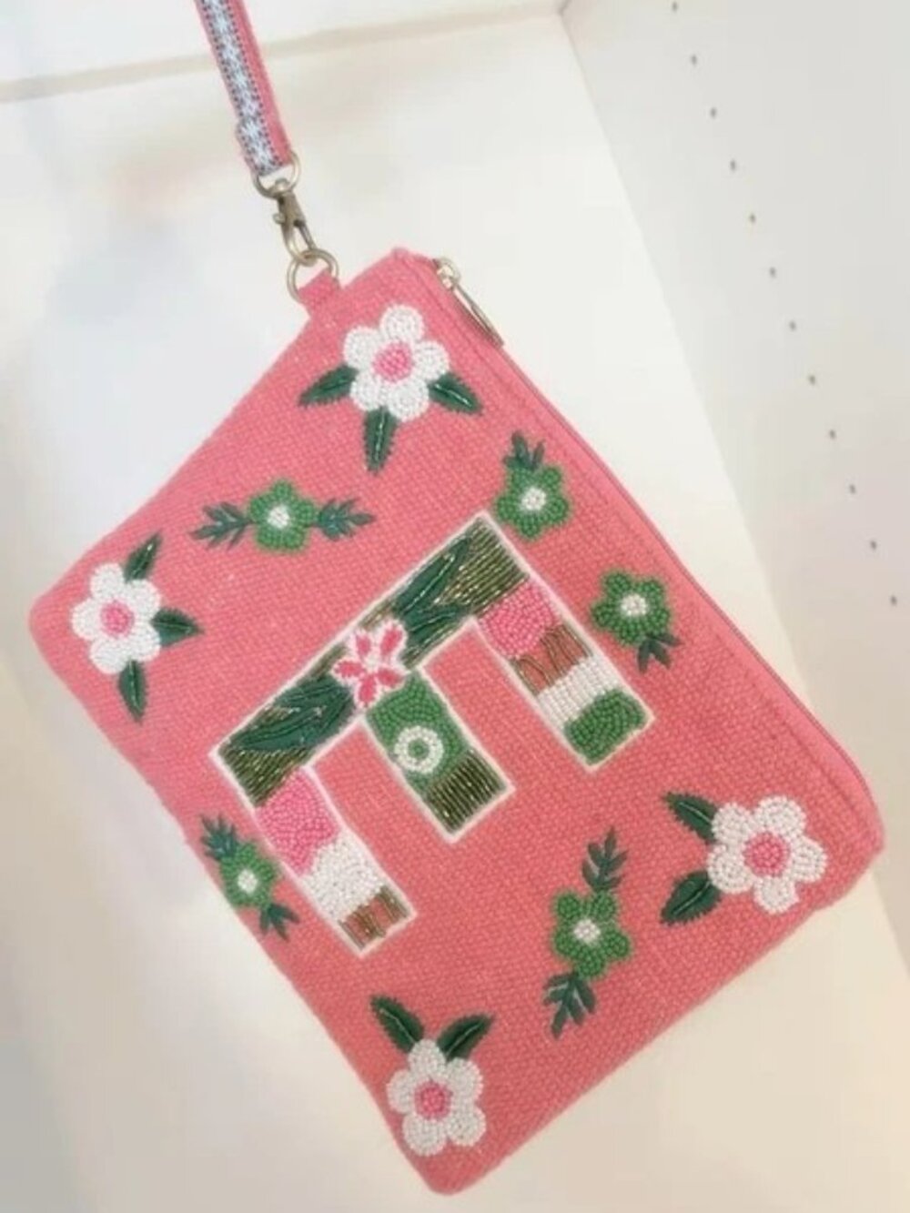 America & Beyond Beaded Pink Floral Letter E Wristlet Clutch Boho